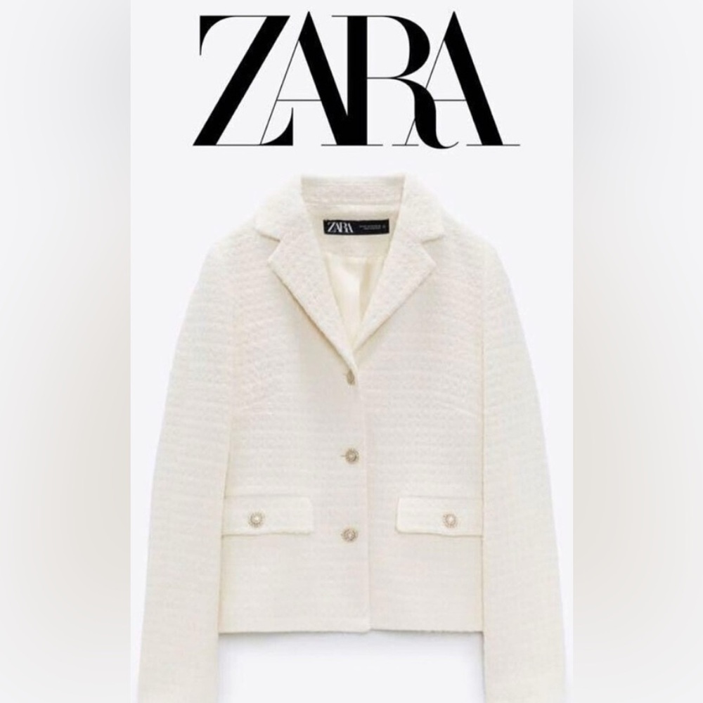 NWT Zara Cream Wool Blend Tweed Texture Blazer Boucle Rhinestone Buttons Sz L - Picture 4 of 15